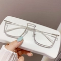 Fashionable half-frame cat eye glasses with multi-color rhinestones and silver metal legs - Silver Frame AB Rhinestone
