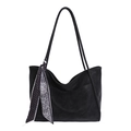 Bolso tote vintage negro grande con un pañuelo de seda floral decorativo en el asa - Negro
