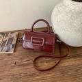 Vintage wine red glossy leather mini handbag with top handle and square buckle detail - Wine Red Without Pendant