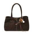 Borsa tote minimalista in pelle scamosciata testa di moro con nappa leopardata e cuciture - Con Ciondolo / Marrone