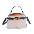 Chic tricolor Kelly bag in beige canvas and navy blue leather with a gold buckle - Blue