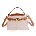 Elegant white canvas Kelly bag with brown leather trim and golden metal clasp for women - Brown