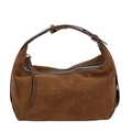 Deep brown suede Hobo handbag with smooth leather shoulder strap in a retro minimalist style - Tan