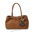 Borsa tote in camoscio marrone con cuciture bianche e ciondolo a specchio leopardato - Con Ciondolo / Marrone