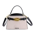 Women's cream canvas Kelly style handbag with black leather trim and gold twist lock - Black