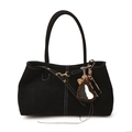 Borsa tote in camoscio nero con cuciture a contrasto e ciondolo a cuore leopardato - Con Ciondolo / Nero