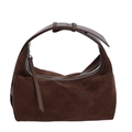 Brown matte suede hobo shoulder bag with adjustable leather strap in a front view - Coffee