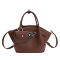Dark brown lychee texture leather handbag with silver geometric clasp and small charm - Brown