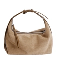Minimalist brown suede crescent hobo bag with adjustable strap and top zipper closure - Khaki