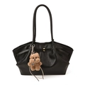 Large black tote bag with vintage pleated texture and golden buckle for women - With Pendant / Black
