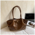 Dark brown faux leather tote bag with gold buckle for business commuting and casual style - No Pendant / Brown