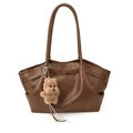 Dark brown pleated tote bag in soft leather texture with cute dog plush charm pendant - With Pendant / Brown
