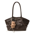 Dark brown pleated tote bag with plush bear charm and vintage shoulder straps - With Pendant / Brown