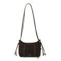 Bolso bandolera vintage marrón de piel sintética con costuras blancas y cordones - café