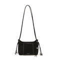 Bolso bandolera cuadrado de ante negro con costuras en blanco y detalles de borlas - Negro