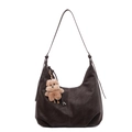 Dark brown faux suede hobo tote bag with adjustable strap and cute plush bear charm - With Pendant / Brown