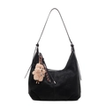 Black faux suede hobo tote bag with adjustable strap and cute brown bear charm - With Pendant / Black