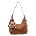Brown faux suede hobo bag with adjustable strap and cute plush puppy charm - With Pendant / Brown