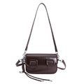 Retro brown glossy faux leather crossbody bag with square buckles and cord detail - With Charm / Brown