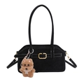 Black suede shoulder bag with contrast stitching and cute plush dog keychain - Black