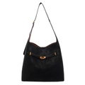 Large black hobo shoulder bag with litchi texture and gold interlocking buckle - Black