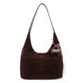 Detail of dark brown suede hobo bag featuring a matching mini charm and side stitching - With Pendant / Coffee