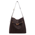Retro deep coffee large tote bag with vintage gold V-shaped metal lock and leather texture - Brown