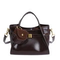 Vintage dark brown glossy leather handbag with golden buckle and mini suede charm - Brown