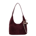 Burgundy suede crescent shoulder bag with minimalist stitching and decorative logo pendant - With Pendant / Burgundy