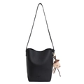 Black pebbled leather bucket bag with shoulder strap and plush animal charm - With Pendant / Black