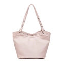 Minimalist light pink tote bag with silver metal studs and eyelets on white background - Pink