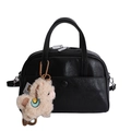 Black Boston leather handbag with beige alpaca charm and adjustable shoulder strap - Black