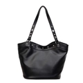 Large black PU leather tote bag with silver eyelets and rivets on shoulder strap - Black