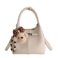Beige lychee pattern bucket bag with cute plush puppy charm and beaded chain accessory - With Pendant / Off White