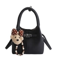 Black lychee texture leather bucket bag with silver lock and plush bear keychain - With Pendant / Black