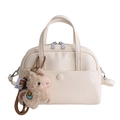 Off-white Boston bag in PU leather with dual handles and cute plush charm detail - With Charm / White