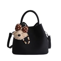 Chic black lychee grain bucket bag with round handle and cute plush bear charm - Black