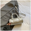 Silver trendy cylinder handbag with pleated metallic leather texture and long shoulder strap - Silver No Pendant