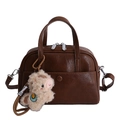 Dark brown retro Boston bag in faux leather with a cute white alpaca plush charm - With Charm / Brown