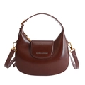 Chocolate brown crescent handbag in glossy leather with gold hardware and logo detail - Brown
