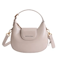 Beige semi-circular leather handbag with top handle and gold-tone metal hardware - White