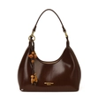 Bolso de media luna en charol marrón oscuro con colgante de madera retro y cremallera dorada - Con Colgante / Marrón