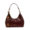 Bolso hobo de cuero encerado rojo oscuro brillante con colgante retro de cuentas de madera - Con Colgante / Burdeos