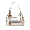 Silver metallic semi-moon hobo bag with a wooden bead tassel and engraved logo - Silver
