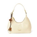 Chic cream white crescent hobo bag in PU leather with brown wooden bead charm - White