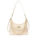 Bolso bandolera beige elegante con tejido texturizado y cadena metálica dorada - Blanco