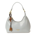 Minimalist light blue dumpling bag in glossy faux leather with decorative wooden beads - Blue