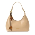 Minimalist beige dumpling bag in smooth faux leather with stylish wooden bead charm - Khaki