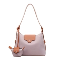 Lavender nylon tote bag with brown leather flap and matching mini pouch accessory - Shoulder Bag Set / Pink
