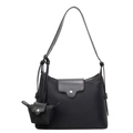 Minimalist black tote bag in nylon with leather flap and mini purse pendant charm - Shoulder Bag Set / Black
